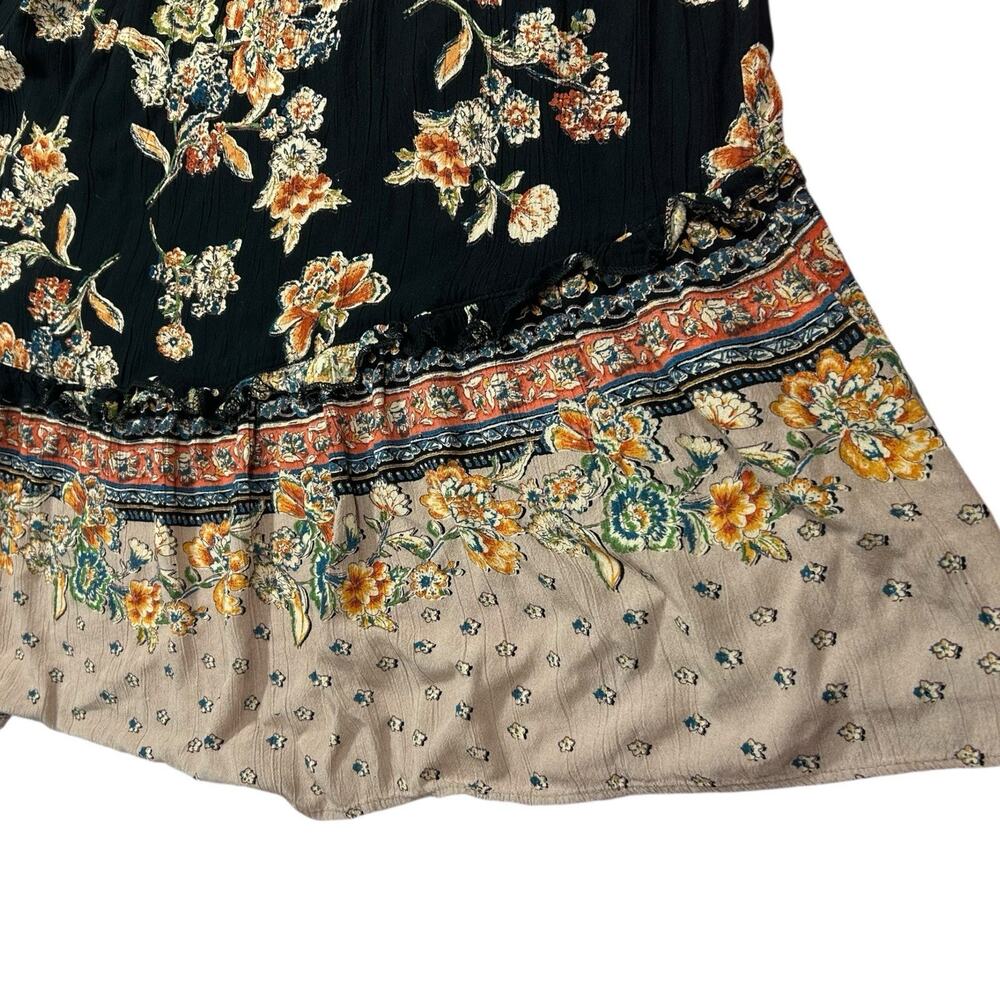 ANGIE Women’s Black Midi Dress Sz L Flowy Boho Floral High Low Smocked Slit - Picture 11 of 16